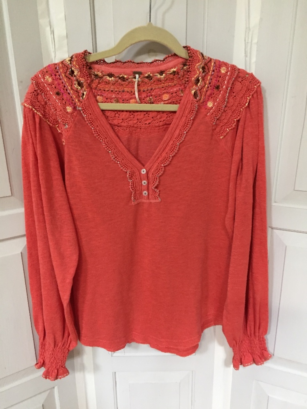 Free People Coral Long Sleeve Henley with Crochet Yoke